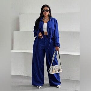 Royal Blue Two Piece Cargo Set 3XL Crop Jacket Wide Leg Pants Set Plus Size